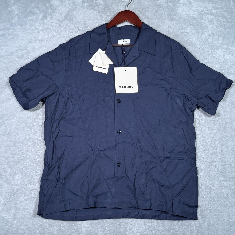 Sandro Shirt Mens XL Blue Marine Requin Viscose Button Front Short Sleeve Camp